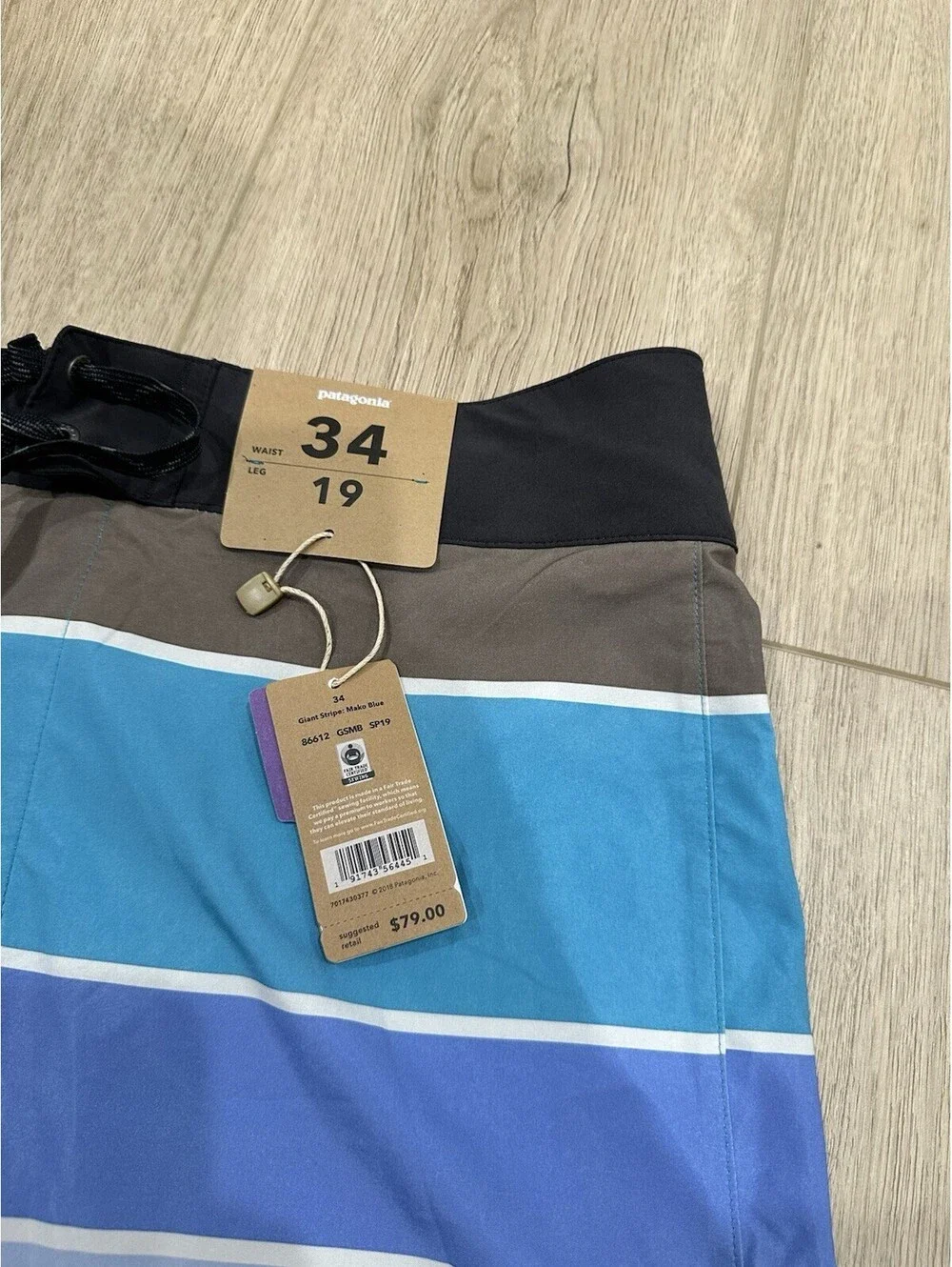 NWT Patagonia Stretch Planing Board Swim Shorts Giant Stripe Mako Blue Men’s 34
